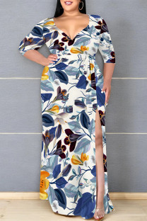 White Blue Elegant Flowers Print Lace Up Slit V Neck Printed Plus Size Dresses