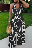 Black Red Casual Print Lace Up Backless Halter Fitted Jumpsuits
