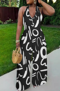 Black And White Casual Print Lace Up Backless Halter Fitted Jumpsuits