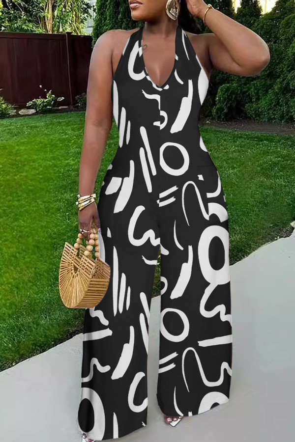 Black And White Casual Print Lace Up Backless Halter Fitted Jumpsuits
