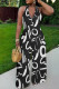 Black And White Casual Print Lace Up Backless Halter Fitted Jumpsuits