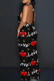 Black Red Casual Print Lace Up Backless Halter Fitted Jumpsuits