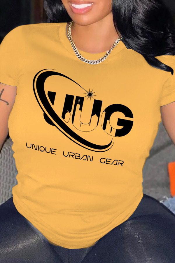 Yellow Casual Street Letter Print O Neck T-Shirts