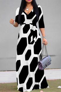 Black And White Elegant Geometric Print Lace Up V Neck Printed Dresses