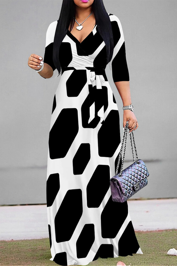 Black And White Elegant Geometric Print Lace Up V Neck Printed Dresses