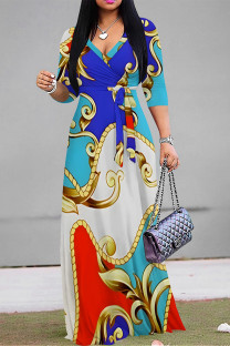 Blue Elegant Geometric Print Lace Up V Neck Printed Dresses