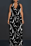 Black Red Casual Print Lace Up Backless Halter Fitted Jumpsuits