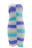 Pink Sexy Colorblock Patchwork Backless Ruched Contrast Strapless Wrapped Skirt Dresses