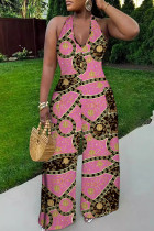 Pink Casual Print Backless Belted Halter Fitted Jumpsuits