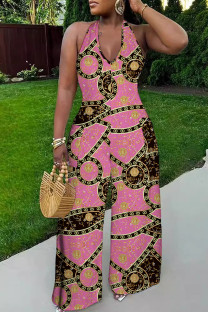 Pink Casual Print Backless Belted Halter Fitted Jumpsuits