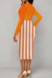 Orange Elegant Stripe Patchwork Ruched V Neck Wrapped Skirt Dresses