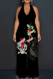 Black Red Casual Print Lace Up Backless Halter Fitted Jumpsuits
