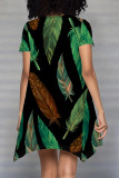 Yellow Sexy Print Patchwork O Neck Irregular Dresses