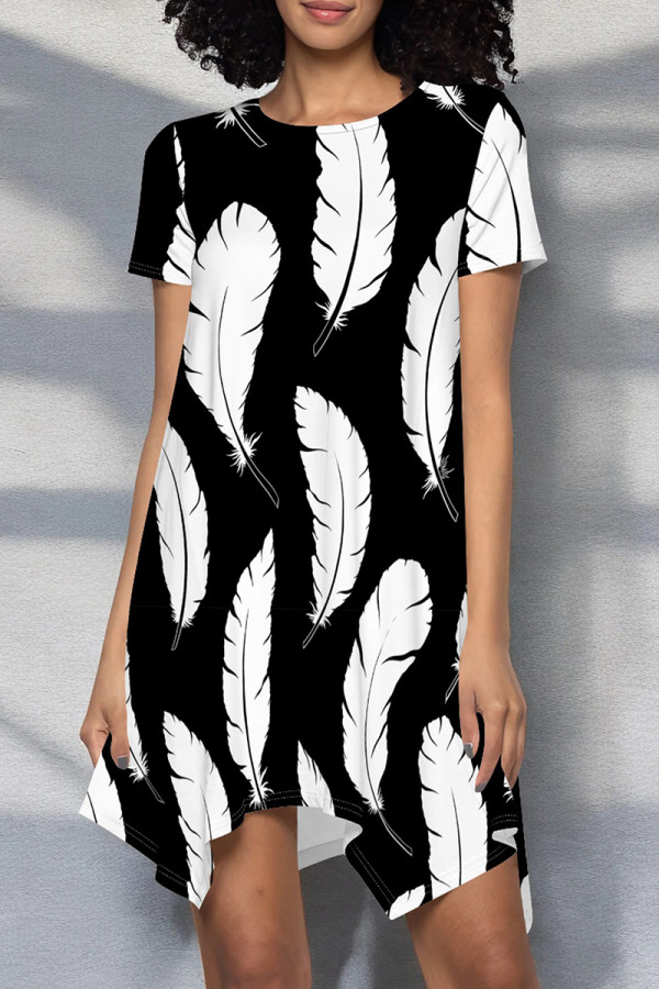 White Sexy Print Patchwork O Neck Irregular Dresses