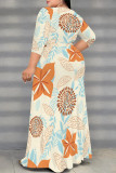 Apricot Elegant Flowers Print Lace Up Slit V Neck Printed Plus Size Dresses