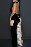 Black Red Casual Print Lace Up Backless Halter Fitted Jumpsuits