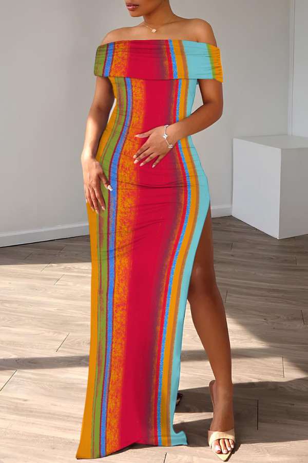 Red Orange Casual Print Slit Off Shoulder Long Dresses