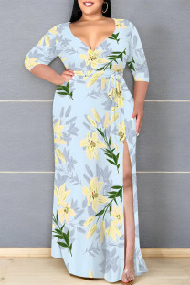 Baby Blue Elegant Flowers Print Lace Up Slit V Neck Printed Plus Size Dresses