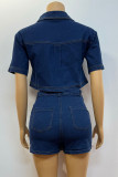 Dark Blue Street Solid Color Pocket Buttons Patchwork Turndown Collar Short Sleeve Two Pieces