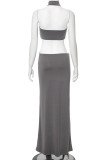 Grey Sexy Solid Color Hollow Out Patchwork Backless Ruched Half A Turtleneck Long Dresses