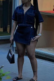 Dark Blue Street Solid Color Pocket Buttons Patchwork Turndown Collar Short Sleeve Two Pieces