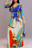 Baby Blue Elegant Geometric Print Lace Up V Neck Printed Dresses