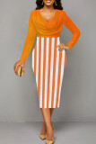 Orange Elegant Stripe Patchwork Ruched V Neck Wrapped Skirt Dresses