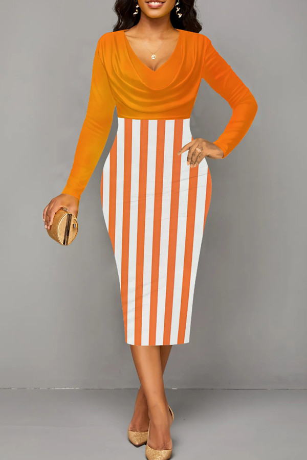 Orange Elegant Stripe Patchwork Ruched V Neck Wrapped Skirt Dresses