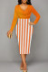 Orange Elegant Stripe Patchwork Ruched V Neck Wrapped Skirt Dresses