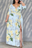Apricot Elegant Flowers Print Lace Up Slit V Neck Printed Plus Size Dresses