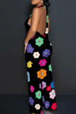 Black Red Casual Print Lace Up Backless Halter Fitted Jumpsuits