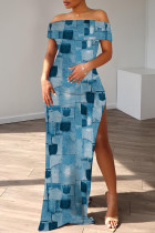 Blue Casual Print Patchwork Slit Off Shoulder Long Dresses
