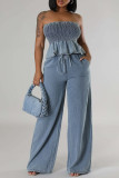 Sky Blue Sexy Solid Color Pocket Lace Up Patchwork Ruched Strapless Sleeveless Two Pieces