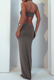 Grey Sexy Solid Color Hollow Out Patchwork Backless Ruched Half A Turtleneck Long Dresses