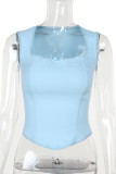 Blue Sexy Solid Color Hollow Out Patchwork Backless Square Neck Tops