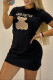 Black Casual Cartoon Print Letters O Neck A Line Short Sleeve Dress