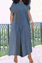 Blue Casual Stripe Patchwork Backless V Neck Straight Plus Size Dresses