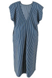 Blue Casual Stripe Patchwork Backless V Neck Straight Plus Size Dresses
