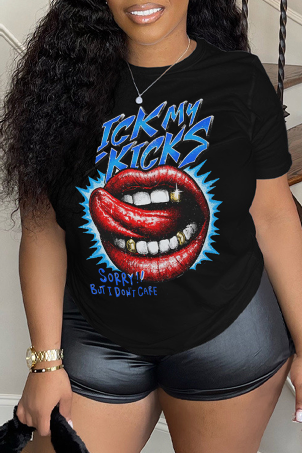 Black Casual Street Lips Print Letter Print O Neck T-Shirts