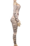 Skin Color Sexy Print Patchwork See-Through Backless Spaghetti Strap Sleeveless Two Pieces