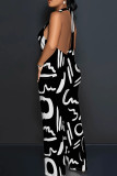 Black Red Casual Print Lace Up Backless Halter Fitted Jumpsuits