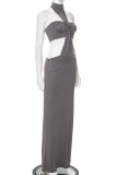 Grey Sexy Solid Color Hollow Out Patchwork Backless Ruched Half A Turtleneck Long Dresses
