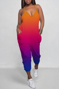 Orange Blue Casual Gradient Print Backless Spaghetti Strap Regular Jumpsuits