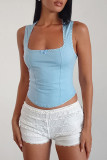 Blue Sexy Solid Color Hollow Out Patchwork Backless Square Neck Tops