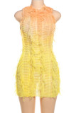 Yellow Sexy Gradient Color Fringed Trim Hollow Out Patchwork See-Through O Neck Wrapped Skirt Dresses