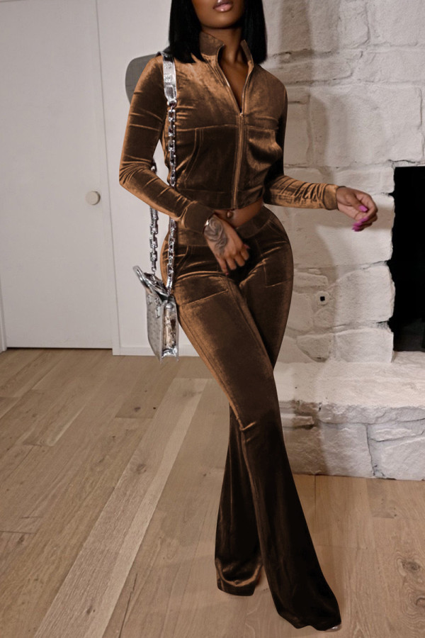 Coffee Street Solid Color Pocket Patchwork Zipper Zipper Collar Long Sleeve Two Pieces