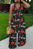 Black Red Casual Print Lace Up Backless Halter Fitted Jumpsuits