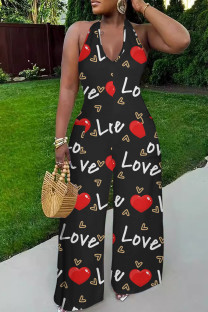 Black Red Casual Print Lace Up Backless Halter Fitted Jumpsuits