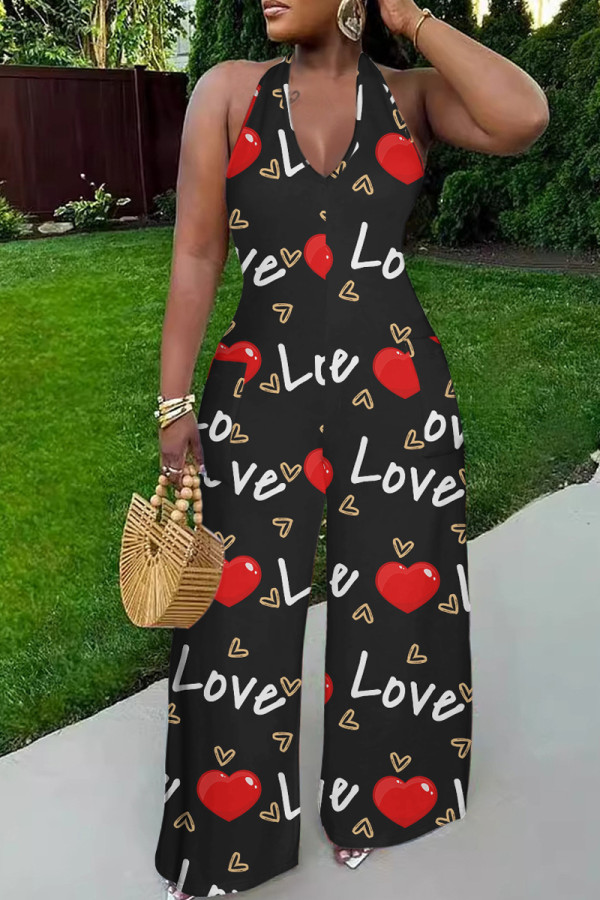 Black Red Casual Print Lace Up Backless Halter Fitted Jumpsuits