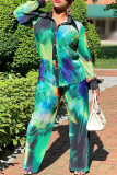 Green Casual Print Buckle Patchwork Ruched Turndown Collar Long Sleeve Two Pieces